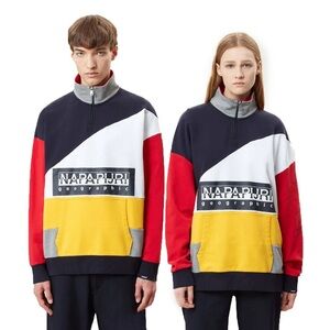 Napapijri Bek Color Block Quarter Zip 100% Cotton Kangaroo Pocket Sweatshirt- M